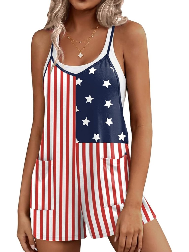 Women's Flag Print Casual Sleeveless Short Overall Boho Spaghetti Strap Romper
